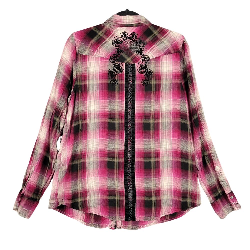 HARLEY DAVIDSON Pink Plaid Floral Embroidered Western Button Up Shirt SIZE XL - Picture 2 of 16